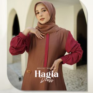 [BUNDLE] ABIKA HAGIA DRESS MOCCA-MAROON #M + ABIKA HIJAB BELLA SQUARE JAHIT TEPI HITAM