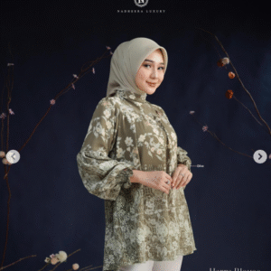[Mix & Match] NADHEERA HARRA-BLOUSE-OLIVE-#M + NIBRAS HIJAB DIAMOND PASHMINA IVORY - Paket Stylish: Blouse & Hijab Serasi