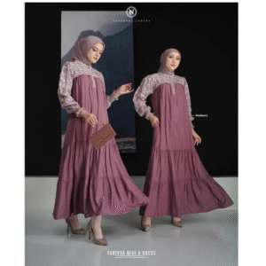 [Bundling Couple] NADHEERA TANIVVA-DRESS-MULBERRY-#L + ETHICA KAHFI 231 DUSTY SILK #XS (0) - Paket Serasi: Gamis & Koko Dewasa